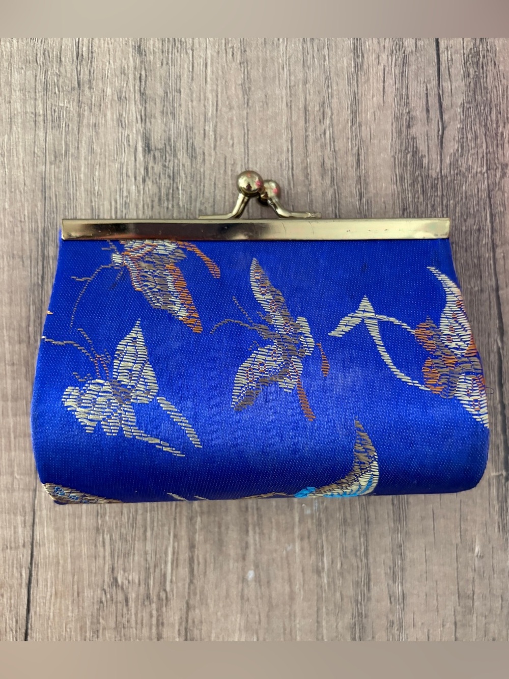 Vintage Blue Brocade Floral Kiss Lock Coin Purse Clutch Gold Tone Frame Travel